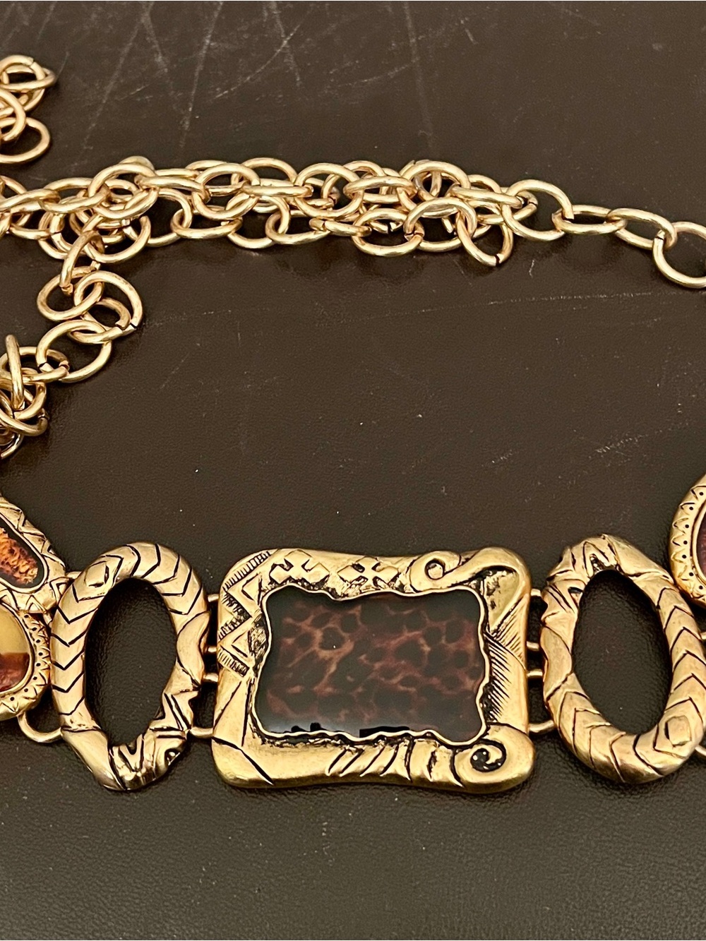 Vintage Chico’s Animal, Print, Placard, Gold Tone Belt